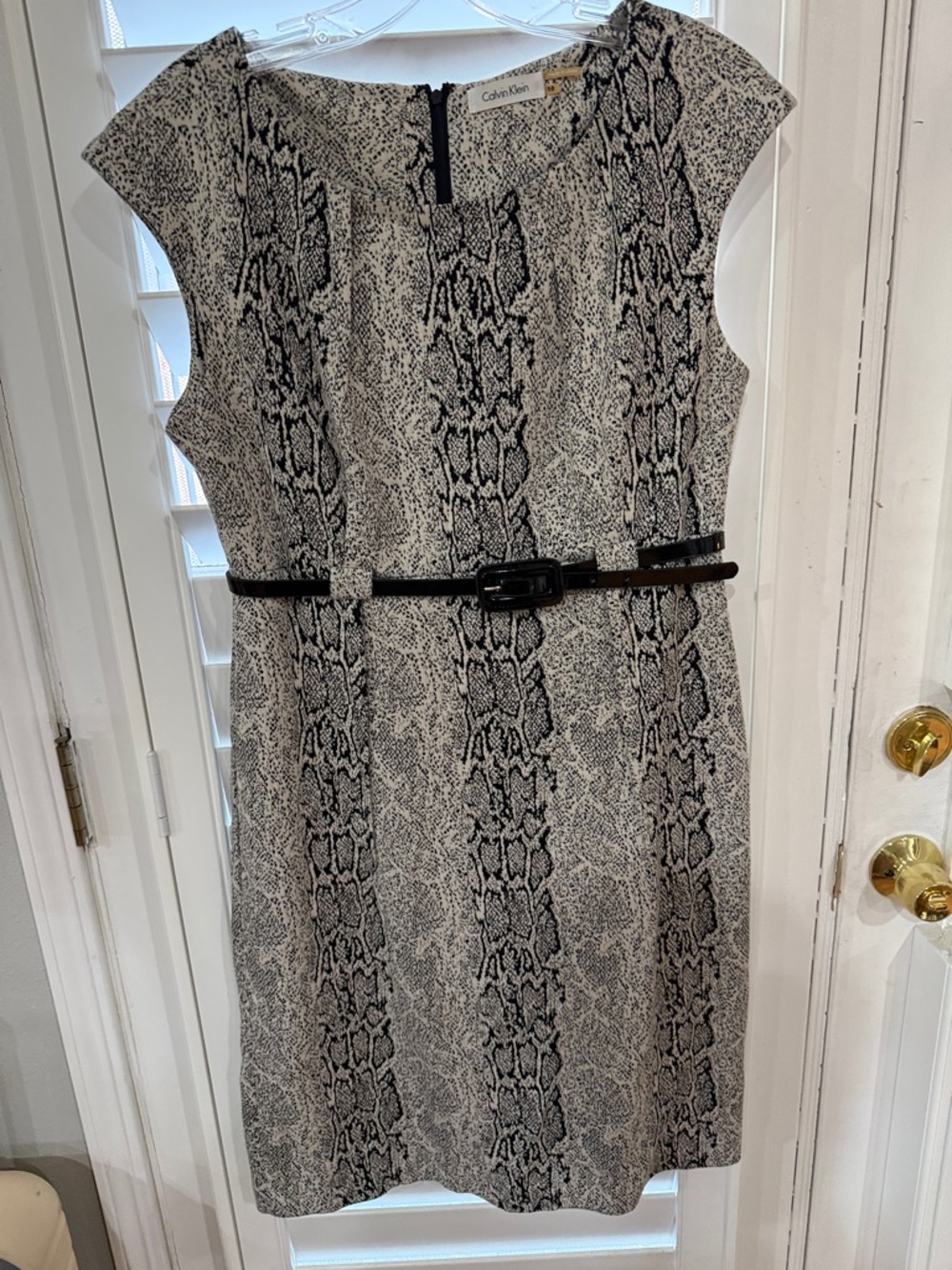 Calvin Klein Black and White Snake-Print Midi Dress with Belt